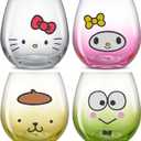 JoyJolt Sanrio Hello Kitty & Friends Hello Sippy Drinking Glasses, 15 oz Stemless Glass Cups Set of 4 ft Hello Kitty Keroppi My Melody Pompompurin, Cute Glasses for Water, Juice, Kawaii Tumbler