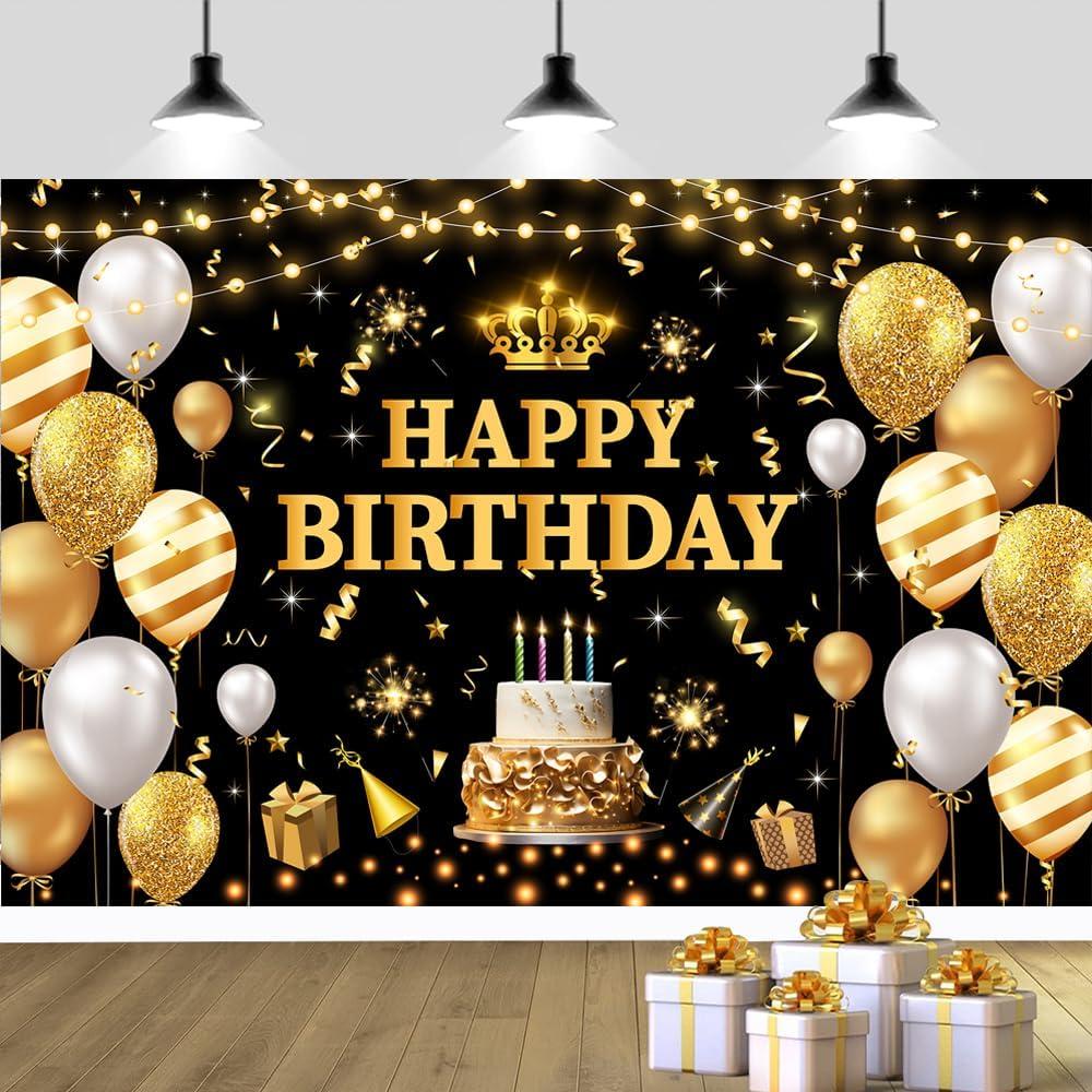 YinQin 180x120 cm Glitter Black Golden Happy Birthday Backdrops Cloth 71x47 inch Bday Photography Backgrounds Gold Happy Birthday Sign Banner Decoration for Women Men (Gold)