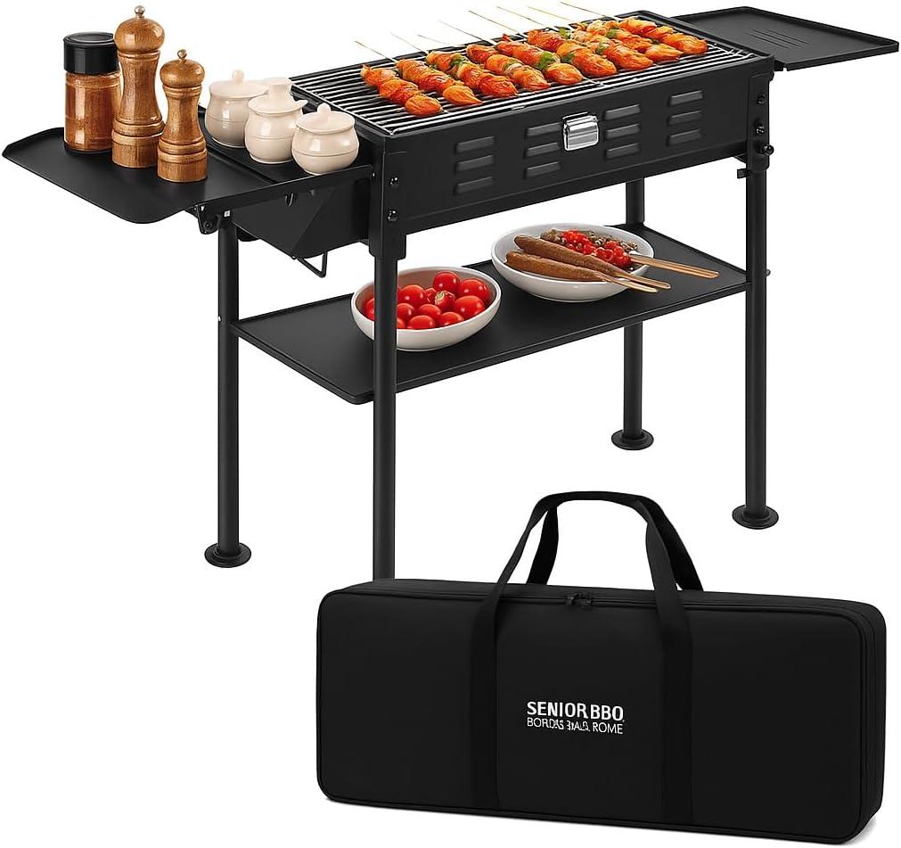 comzenz 35 Portable Charcoal Grill Folding BBQ Grill for Outdoor Grilling Cooking Camping Hiking Picnics Tailgating Backpacking Party, With Storage Bag & Non-Stick Frying Pan, Matte Black