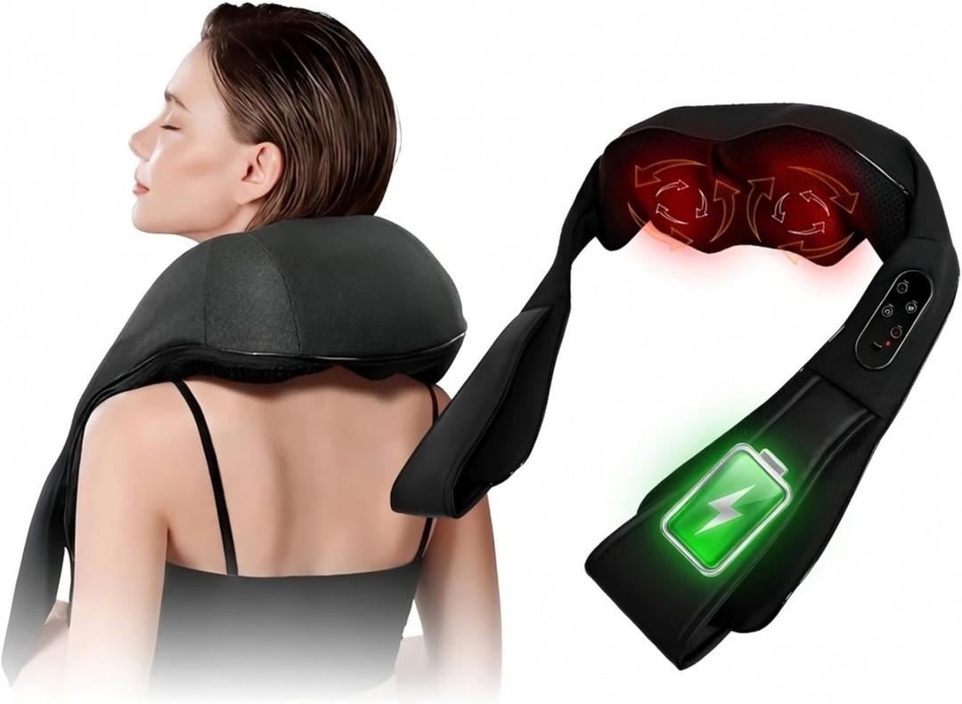 Cordless Neck and Shoulder Massager with Heat - Rechargeable Shiatsu Back Massager for Pain Relief - Deep Tissue Kneading Massage Pillow for Neck, Back, Shoulders, Legs - Gifts for Men & Women