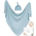 Baby Swaddle Receiving Blankets with Matching Beanie Set Newborn Nursery Swaddle Wrap for Baby Girls and Boys (Blue)