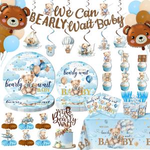 We Can Bearly Wait Baby Shower Decorations Boy, 200Pcs Teddy Bear Baby Shower Balloons Banner Plates Napkins Cake Toppers Tablecloth Honeycomb Balls for Bear Themed Party Decorations Severs 24