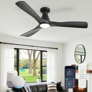Depuley Ceiling Fans with Lights: 52-inch Smart Ceiling Fan with Remote/APP/Alexa Control - Flush Mount Ceiling Fans 3 Blades DC Motor Dimmable for Bedroom Living Room Outdoor (Black)