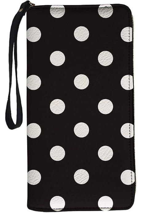 White Black Polka Dots Neutral Leather Wallet with Scratch Resistant Strap for Easy Carrying