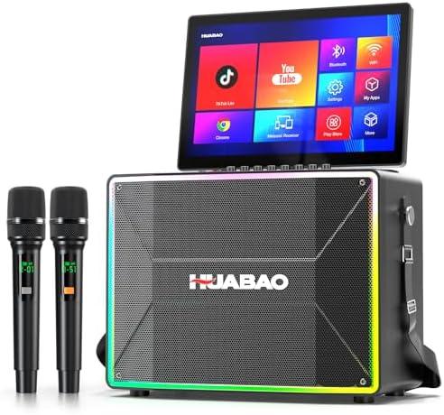 HUABAO Smart Karaoke Machine with 14” Tablet, Screen & Lyrics Display, Professional Karaoke Speaker, 2 Wireless Microphones, Bluetooth PA System, WiFi, HDMI, and LED Lights for Adults