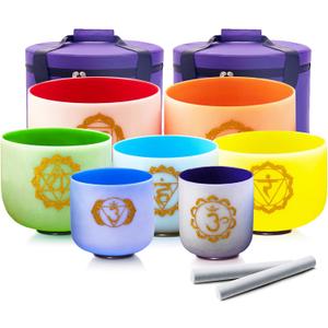 432HZ 7-12 inch Set of 7 Color Gold Powder Printing Frosted Chakra Quartz Crystal Sound Singing Bowls Healing Meditation Yogo and 2 Travel Carry Case Bag 2 Mallet Suede 2 Strikers 7 O-rings