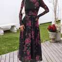 MEROKEETY Women's Long Sleeve Spring Wedding Guest Dress 2026 Crewneck Floral Flowy Mesh Cocktail Maxi Dresses (M)