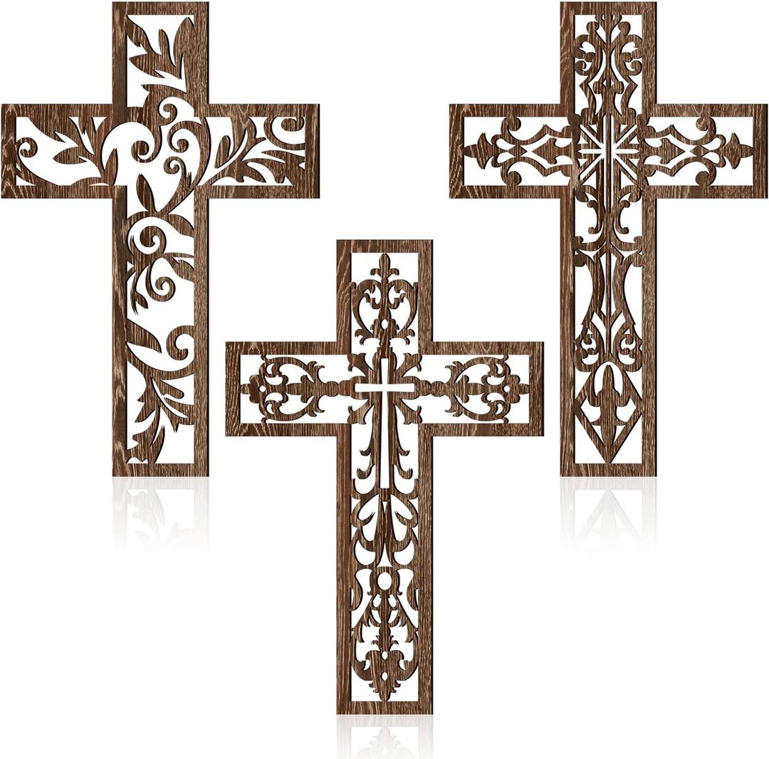 Yookeer 3 Pcs Wooden Wall Hanging Cross Handmade Antique Cross Hanging Decor Religious Brown Wooden Home Decorations Hand Carved Wall Decor for Living Room Nursery Wedding