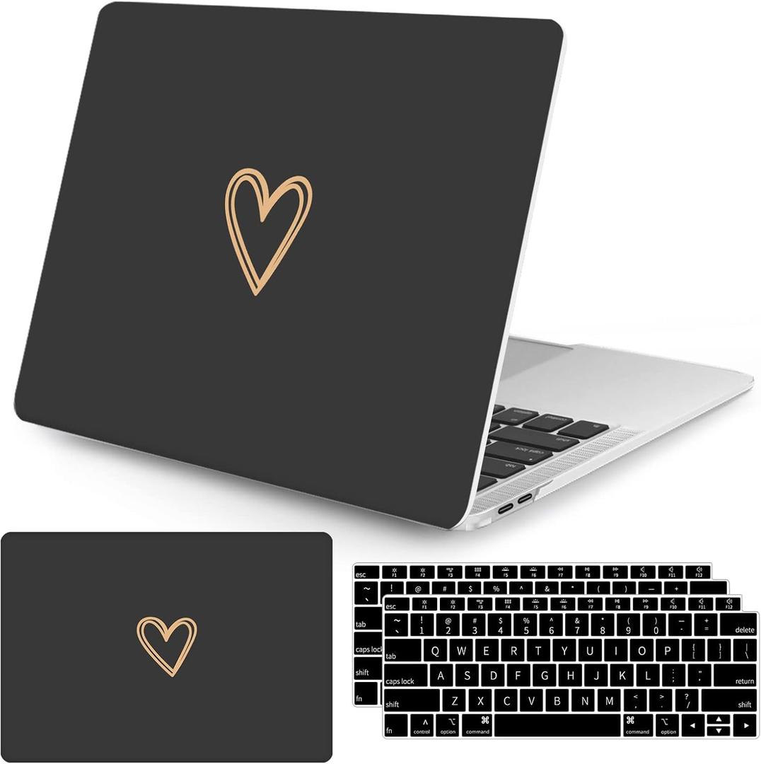 Seorsok Compatible with MacBook Air 13 Inch Case 2020 2019 2018 Release A1932 A2179 M1 A2337 Touch ID, Gold&Cute Heart Pattern Plastic Hard Shell Case with Keyboard Cover,Black