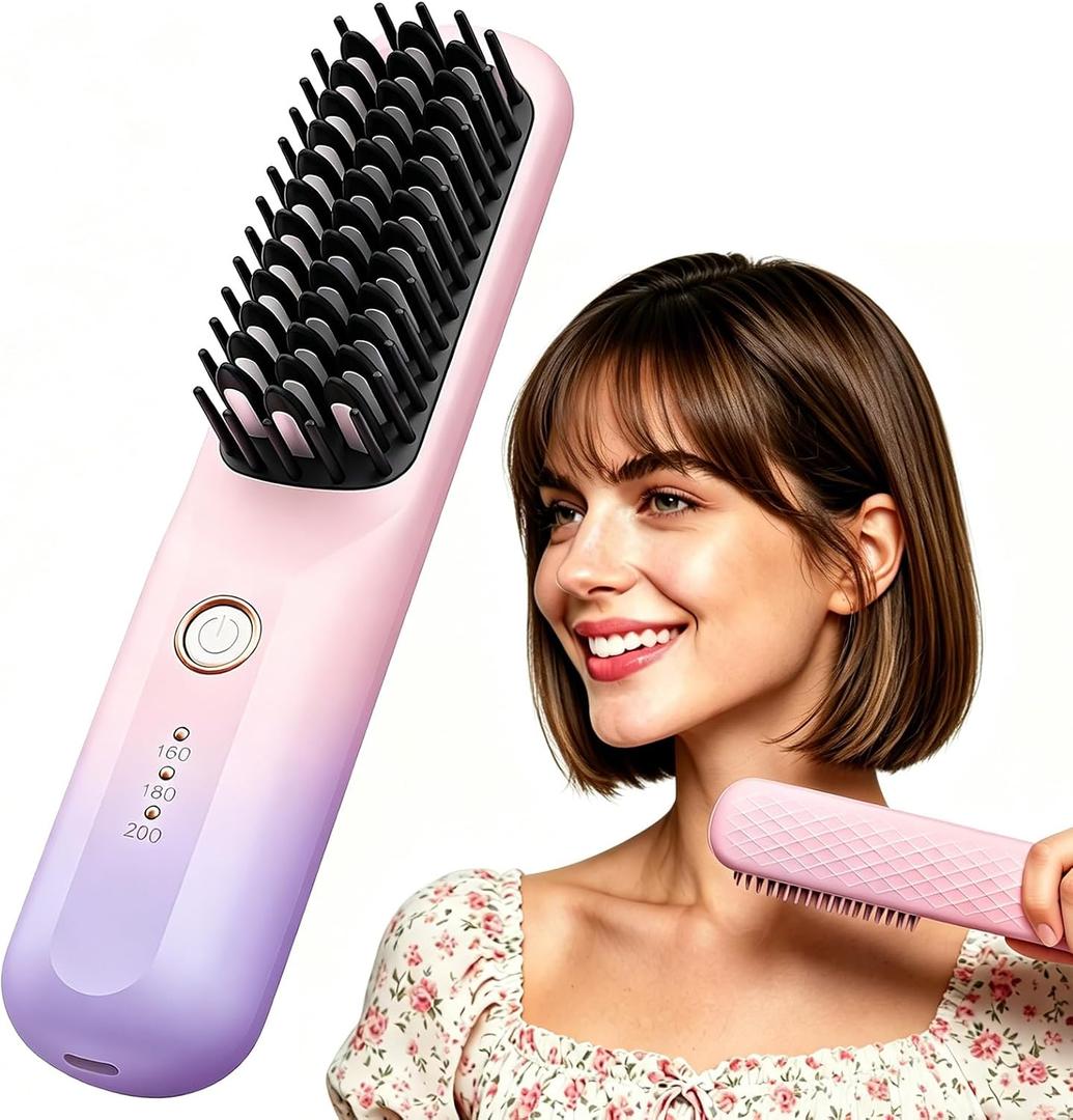 Cordless Hair Straightener Brush Portable Ionic Frizz-Free Straightening Brush Rechargeable Hair Iron Type-C Fast Charging, Portable Travel Styling Tool for Women(Ombre Color)