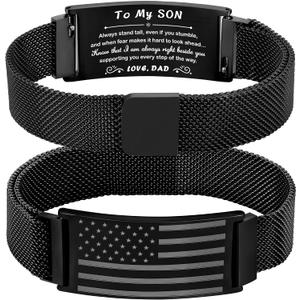 To My Son/Stepson/Son-in-Law Bracelet, Adjustable Stainless Steel American Flag Bracelet Christian Birthday Graduation Gifts Jewelry for Men Boys