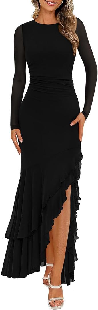 BTFBM Women's Maxi Dresses Spring 2026 Long Sleeve Ruched Bodycon Solid Ruffle Mermaid Cocktail Wedding Guest Dress (Large, Black)
