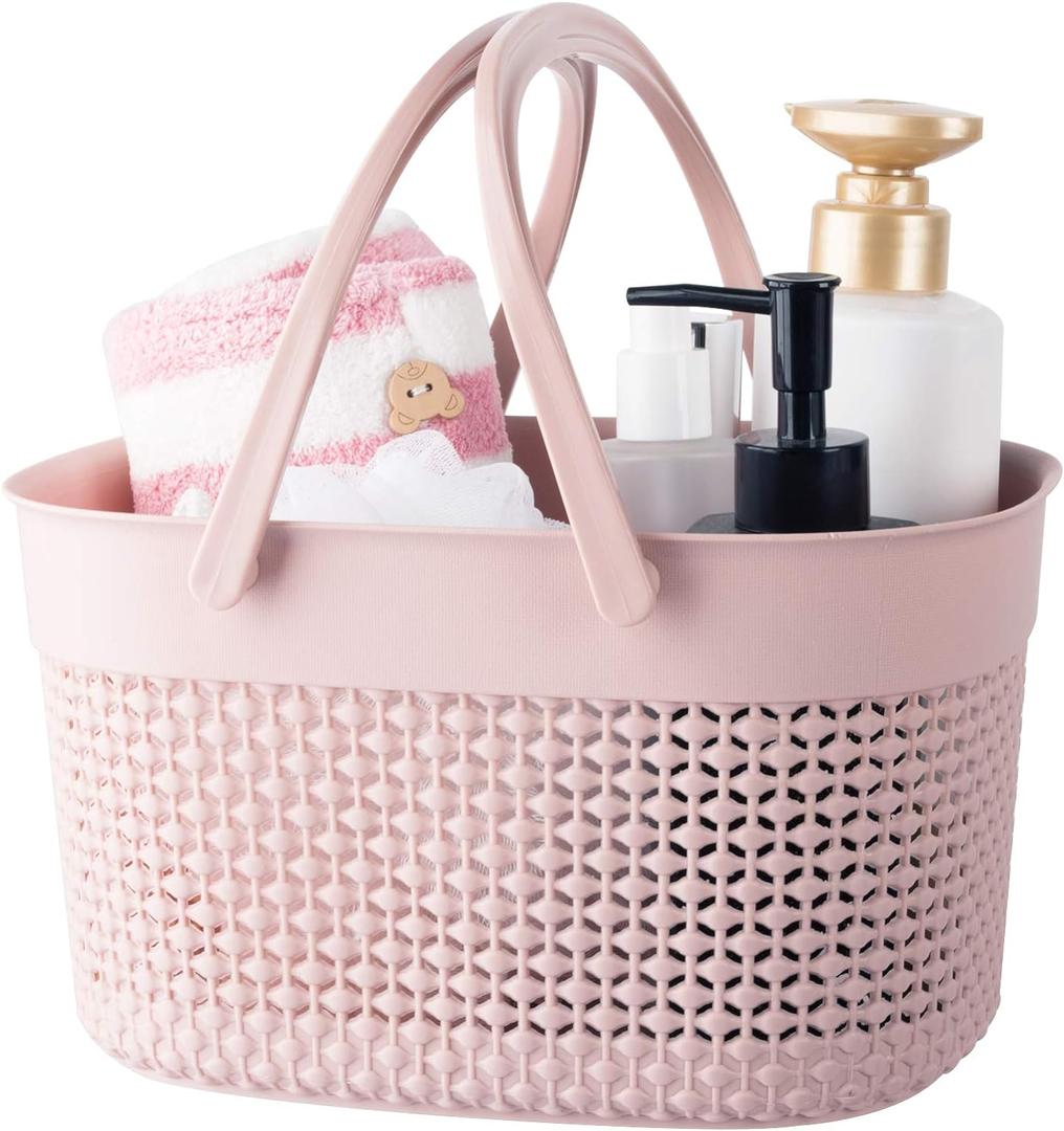 Rejomiik Portable Shower Caddy Basket, Plastic Organizer Storage Tote with Handles Toiletry Bag Bin Box for Bathroom, College Dorm Room Essentials, Kitchen, Camp, Gym, Pink