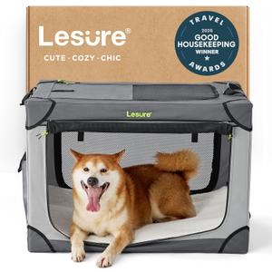 Lesure Shown on TODAY Show Soft Collapsible Dog Crate - 30 Inch Portable Travel Crate for Medium Dogs Indoor & Outdoor, 4-Door Foldable Pet Kennel with Mesh Windows, Grey