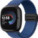Wearlizer Elastic Band Compatible with Fitbit Versa 4 Bands for Woman/Versa 3/Sense 2/Sense Bands Women, Slim Solo Loop Braided Strap Stretchy Woven Wristband Accessory, Navy Blue, L