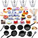 62 Pcs 1:12 Scale Miniature Dollhouse Kitchen Accessories Miniature Tea Cup Pots Resin Cake Set Include 16 Mini Plates Knife Fork Spoon 6 Egg Beater Utensil 10 Mini Stovetop Cookware 15 Pretend Food