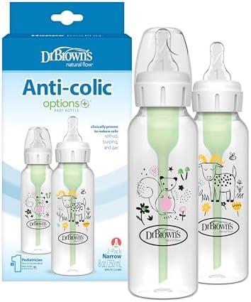 Dr. Brown's Natural Flow Anti-Colic Options+ Narrow Baby Bottle, Squirrel & Goat, 8 oz/250 mL, with Level 1 Slow Flow Nipple, BPA Free, 0m+, 2-Pack