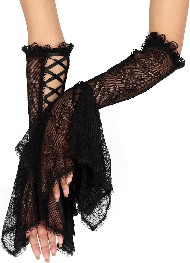 L'VOW Women's 1 Pair Gothic Black Lace Sleeves Witch Gloves Victorian Lace Arm Sleeve Vampire Accessory (E Black)
