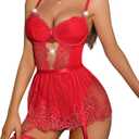 Women's Babydoll Lingerie with Garter Belt Lace One Piece Teddy Baby Dolls Holiday Valentine Red S (Red, S)