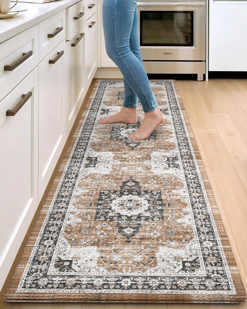 DEXI Kitchen Floor Mats Cushioned Anti Fatigue, 23x86 Long Rubber Standing Comfort Runner Rug, Waterproof Retro Floral Memory Foam Padded for Front Sink Laundry, 86"l X 23"w X 0.4"th, Black/Brown