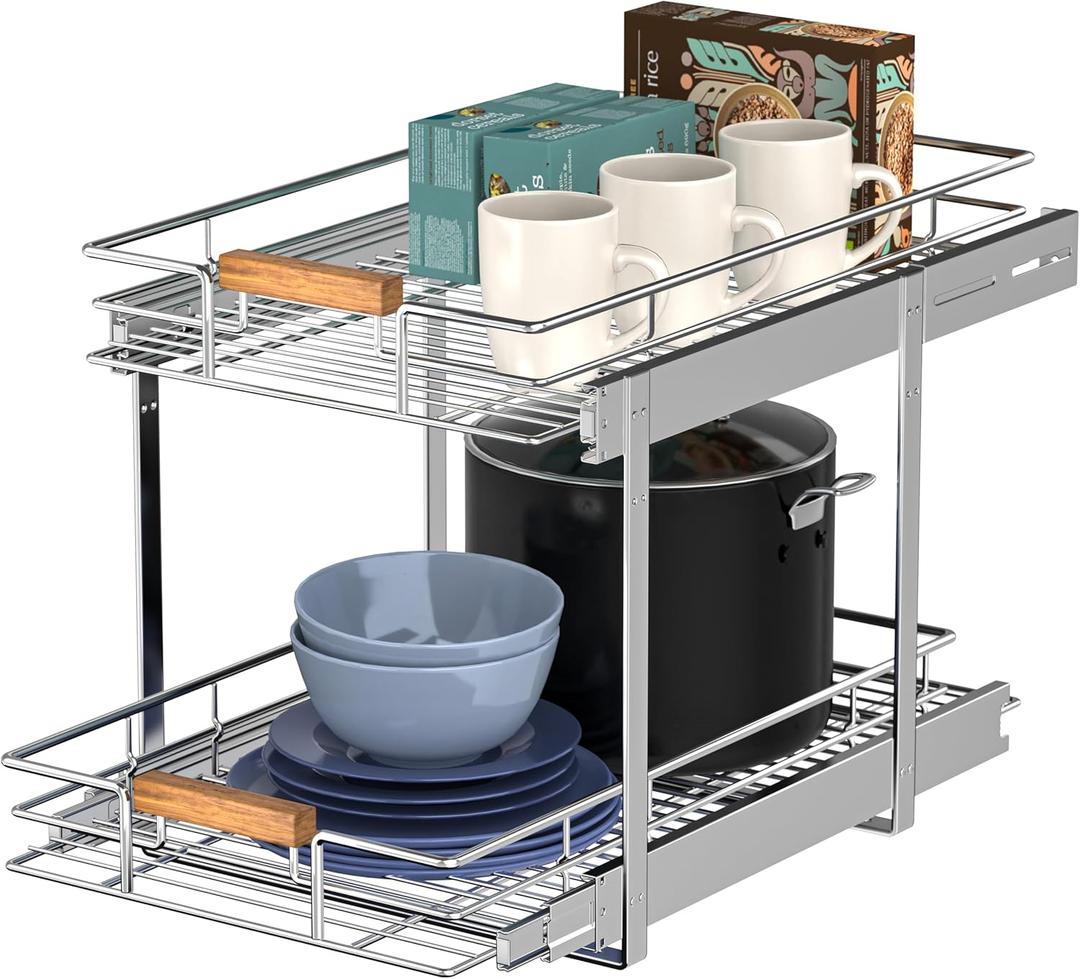 Pull Out Cabinet Organizer(11" W x 21" D), 2 Tier Wire Basket Slide Out Shelf Storage with Wood Handle, Pull Shelf Drawers for 12-1/4 Cabinet Opening, Chrome