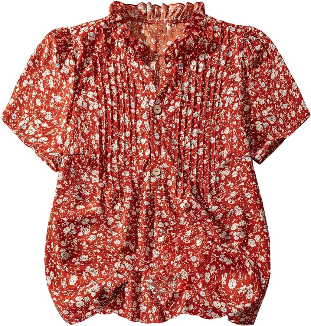 SOLY HUX Women's Plus Size Floral Tops Notched V Neck Puff Short Sleeve Boho Summer Blouse (Red, XL)