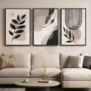 3 Piece Framed Black and White Abstract Wall Art for Living Room, Large Boho Botanical Plant Canvas Prints Paintings, Minimalist Leaf and Geometric Artwork for Dining Room Bedroom 24x36 Inch