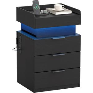 Turosur Night Stand with Gun Drawer, LED Nightstand with Charging Station, Wood Bedside Table with Hidden Storage and 3 Drawers for Bedroom, Modern Black