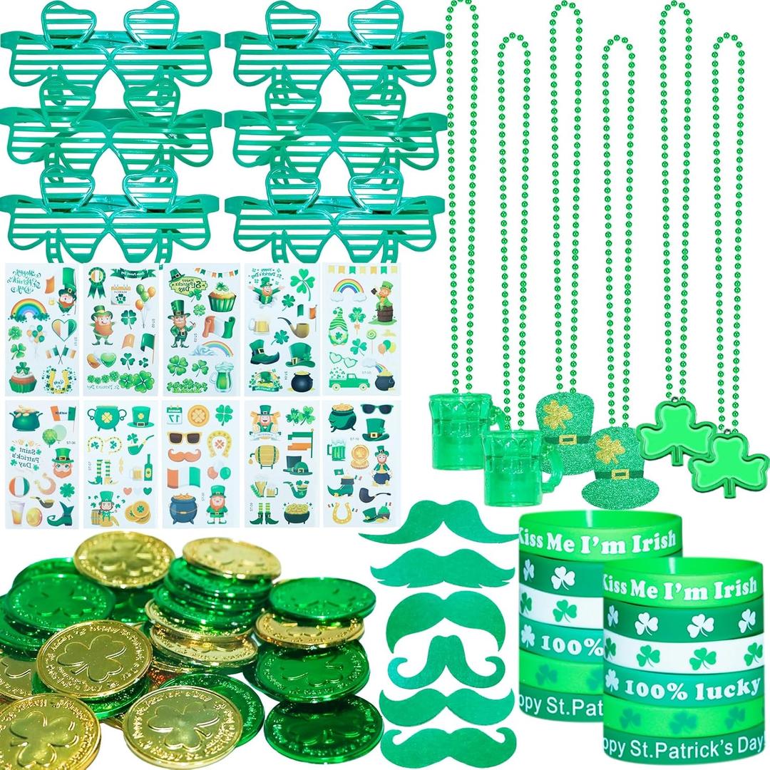 166 PCS St. Patrick's Day Accessories Party Decorations, Tattoo Stickers, Shamrock Glasses, Mustaches and Coins, Irish St. Patrick's Day Green Party Favors