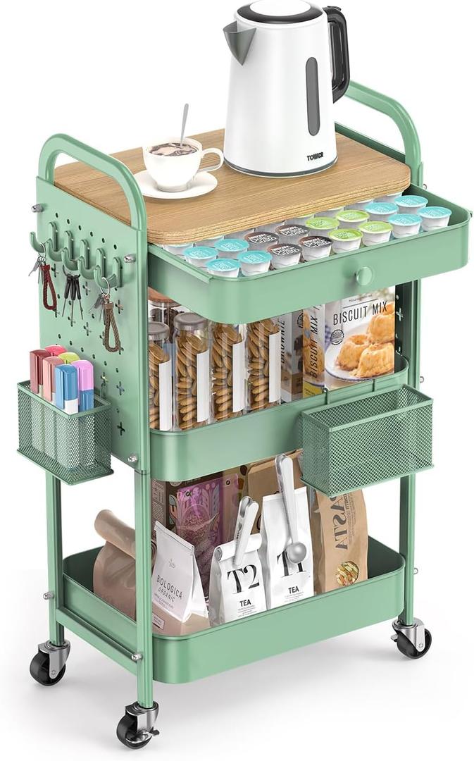 ALVOROG Rolling Cart with Drawer and Wood Table Top, 3 Tier Metal Rolling Utility Cart on Wheels with DIY Pegboards, Hanging Baskets, Hooks for Bedroom,Office,Craft Supplies