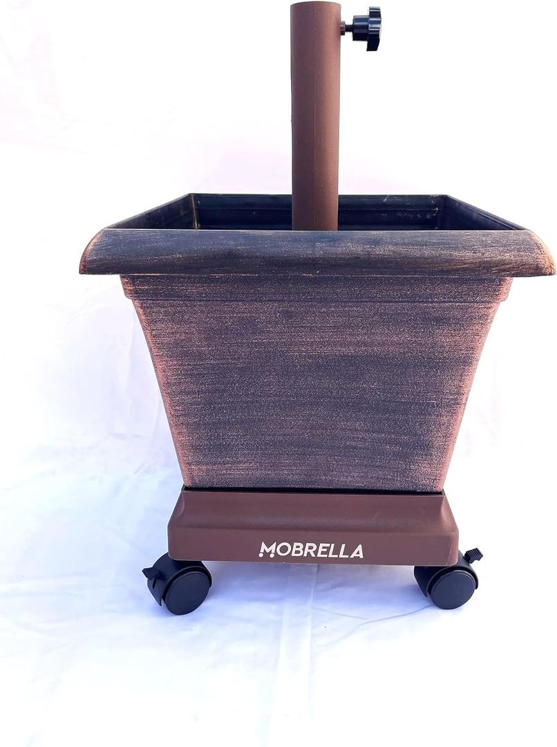 Patio Umbrella Base Stand with Wheels, Fillable Planter Box and Mobile for Rolling on Outdoor Patio, Poolside Decks and Gardens (Bronze)