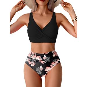 Tainehs Women's Two Piece Bikini Sets V Neck Push Up Swimsuit High Waisted Tummy Control Bathing Suit (X-Large, Black Floral)
