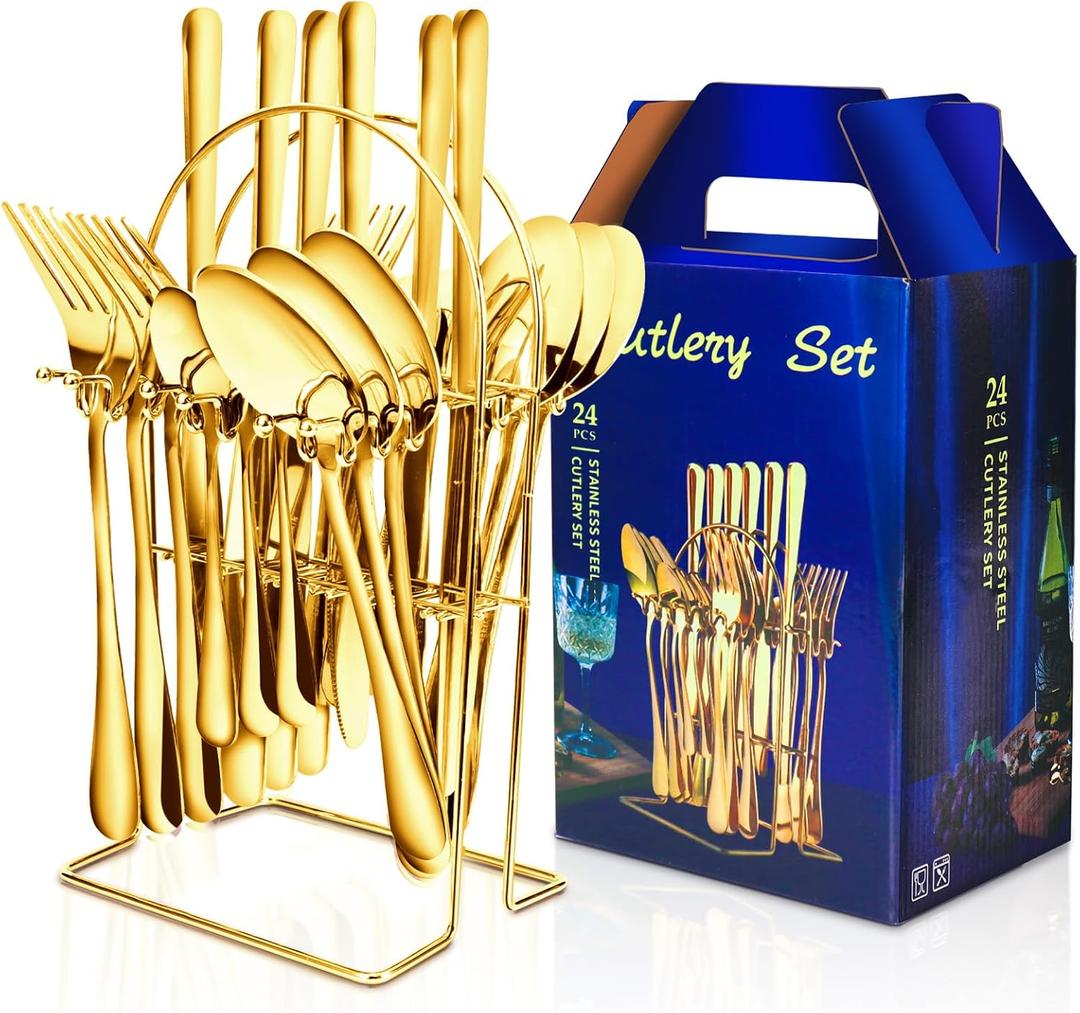 24-Piece Gold & Silverware Set with Hanging Rack Caddy - Stainless Steel Flatware for 6, Mirror Polished Cutlery Utensil Set - Kitchen Tableware with Forks, Spoons & Knives