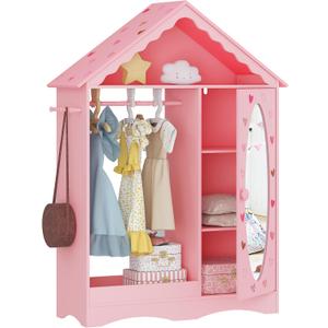 UTEX Kids Dress Up Storage with Mirror, Kids Wardrobe Closet, Dress Up Armoire for Little Girls, Open Hanging Costume Organizer with Storage Cabinet for Kids Room, Playroom | with Mirror, for Little Girls, Open Hanging, Costume Organizer, with Storage Cabinet