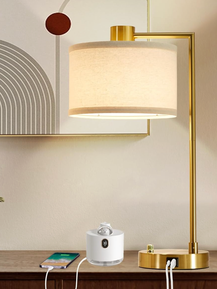 Luvkczc Table Lamp for Bedroom with USB C+A Ports, Fully Stepless Dimmable Bedside Lamp with Linen Lampshade, Nightstand Lamp for Living Room Reading Office, 1 LED Bulb Included (Gold)