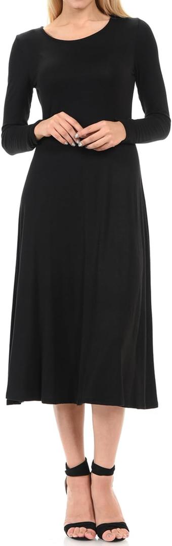 iconic luxe Women's Long Sleeve A-Line Fit and Flare Midi Dress Formal Casual (X-Large, Black)