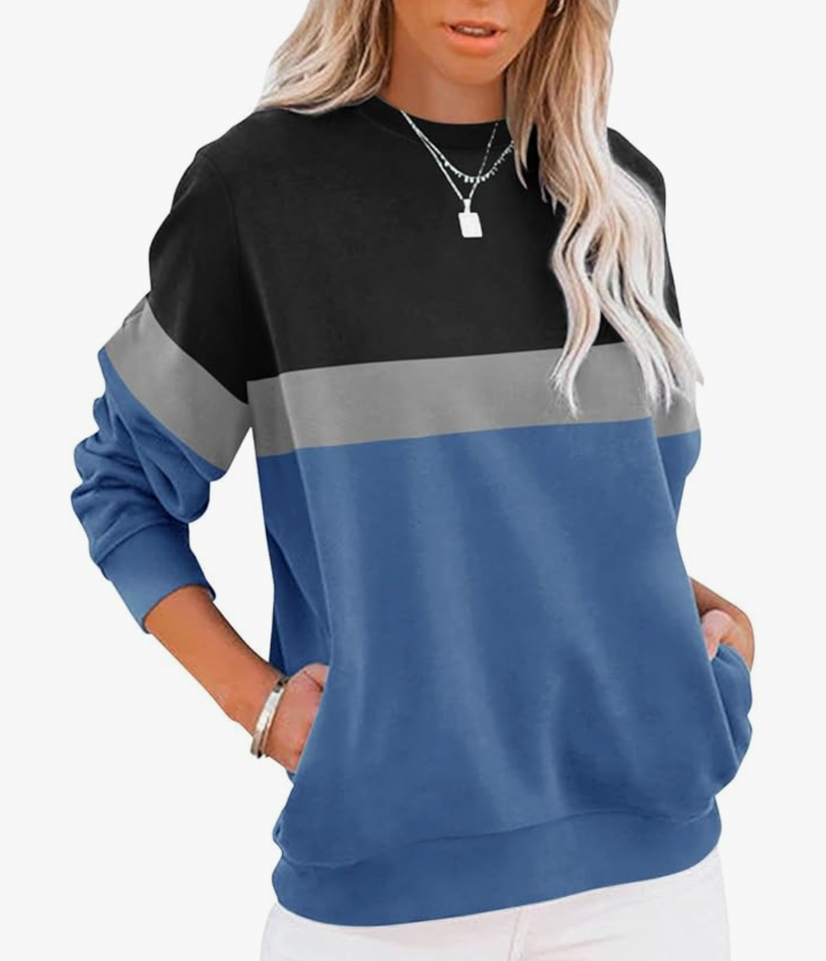 Women's Casual Long Sleeve Color Block/Solid Tops Crewneck Sweatshirts Cute Loose Fit Pullover with Pockets XXL