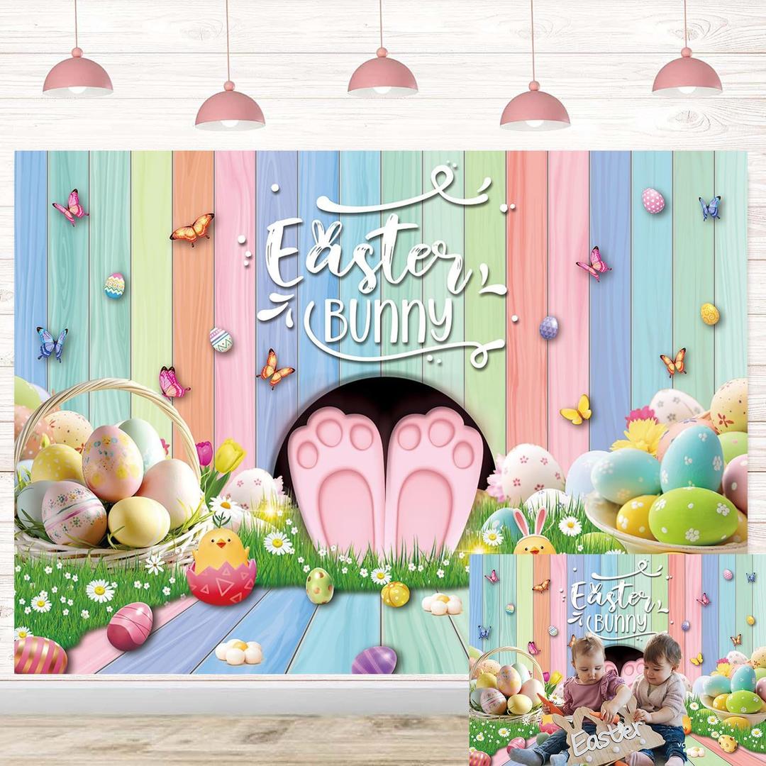 Easter Bunny Backdrop Colourful Wood Eggs Rabbit Butterfly Floral Spring Photography Background Adult Kids Baby Shower Birthday Party Decoration Easter Banner Photo Props (7x5FT)
