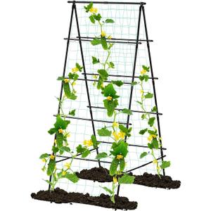 Garden Trellis for Climbing Plants, 71" H x 32" W Metal A-Frame Cucumber Trellis Outdoor Fruits Watermelon Plants Vegetable Tomato Squash Peas Beans, with Netting, Black