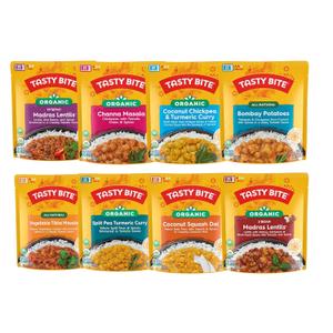 Tasty Bite Variety, Pack of 8, Madras Lentils, Bombay Potatoes, Vegetable Tikka Masala, Channa Masala, 3Bean Madras Lentils, Split Pea & Turmeric Curry, Coconut Squash Dal, Chickpea Coconut and Turmeric Curry