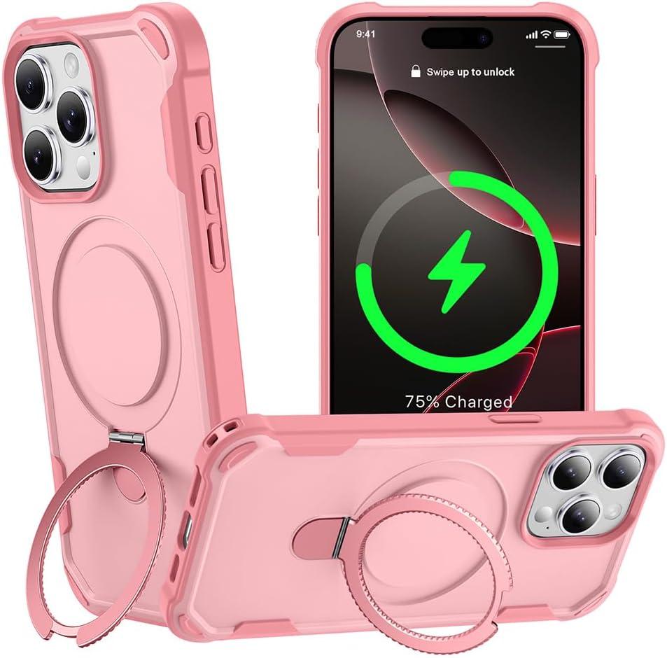 Designed for iPhone 16 Pro Case with Magnetic Stand [Military Drop Protection][Compatible with Magnet] Shockproof 16 Pro Phone Case with Ring Holder, Pink