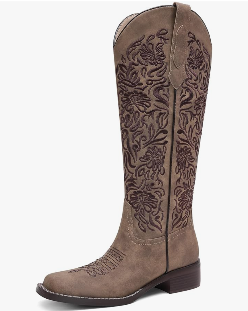 Women's Embroidered Cowboy Boots Knee High Cowgirl Riding Boots Low Block Heel Comfortable Pull On Western Square Toe Tall Boots 9