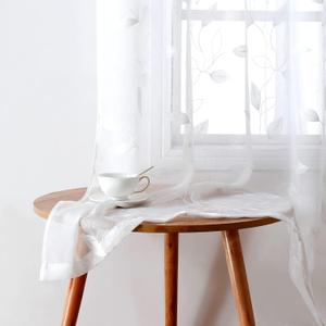 HOMEIDEAS White Sheer Curtains 52 X 84 Inches Long 2 Panels Embroidered Leaf Pattern Pocket Faux Linen Floral Semi Sheer Voile Window Curtains/Drapes for Bedroom Living Room