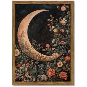 Moody Moon Floral Wall Art Dark Academia Goth Moon Wall Decor Painting Vintage Flower Celestial Artwork 3D Texture Sandstone for Bedroom Living Room 16x24 inch Wood Framed