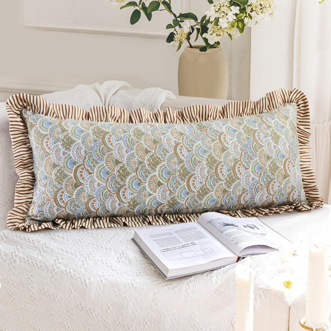 14x36 Inch Cotton Block Print Ruffle Sham Cover,Handmade Boho Floral Block Print Pillowcase,Ruffle Trim,Soft Decorative Cushion Case for Bedroom,Farmhouse&Cottagecore Bedding