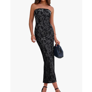 BTFBM Women Spring Dresses 2025 Elegant Wedding Guest Dresses Bodycon Tube Maxi Dress Split Floral Cocktail Dress, Black, XXL