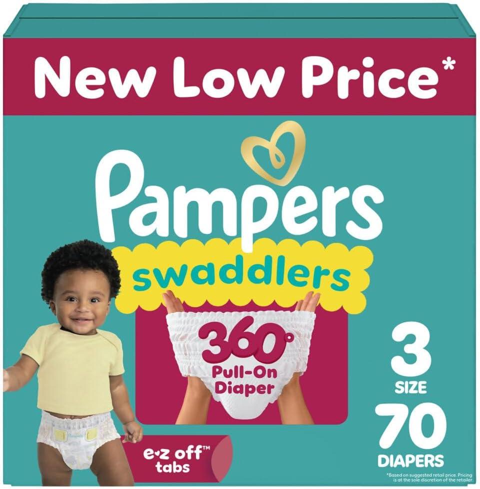 Pampers Diapers - Swaddlers 360 - Size 3, 70 Count, up to 100% Leakproof Comfy Dry Fit, Designed for Easy Changes, Pull On Baby Diaper (Packaging May Vary)