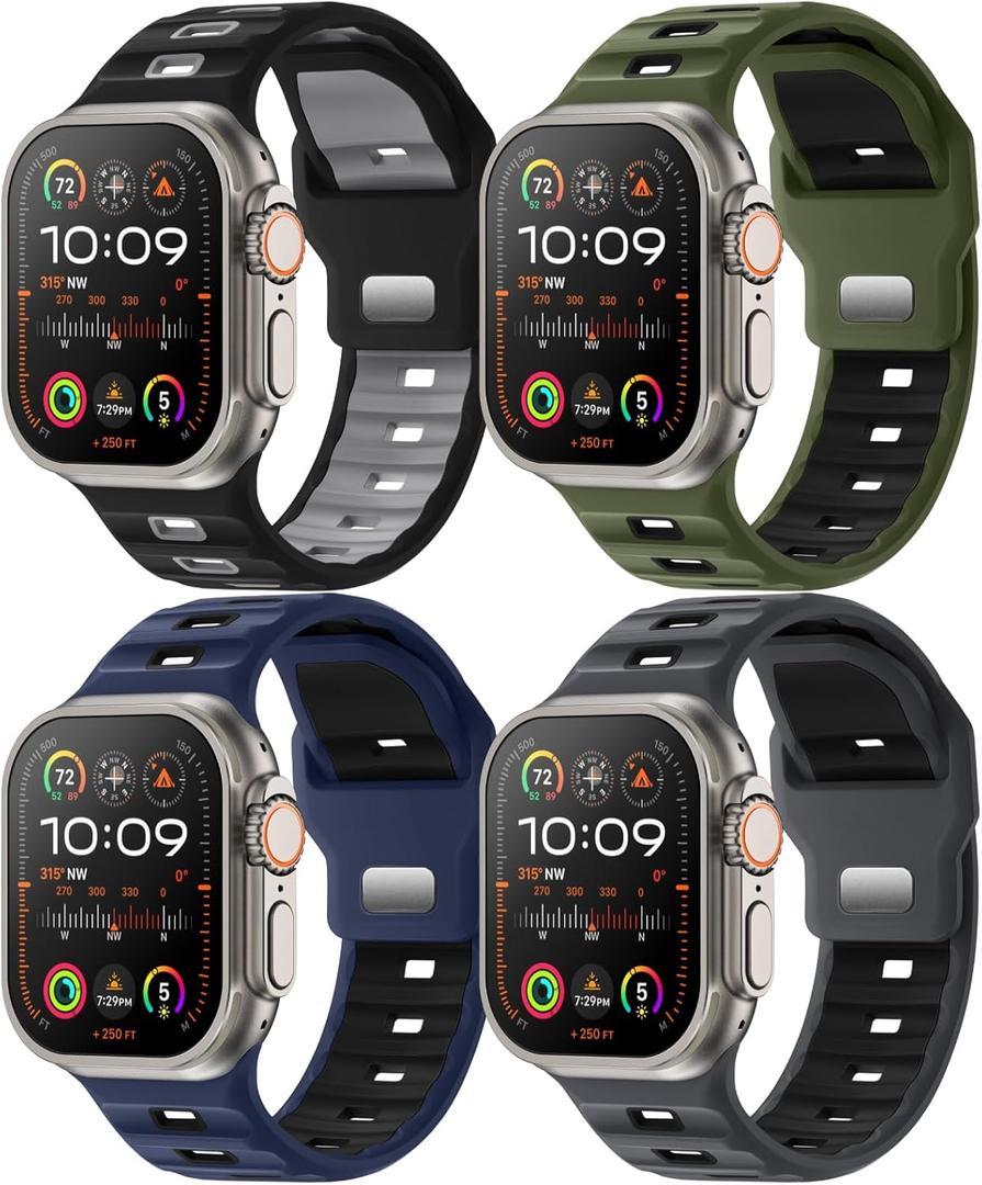 4-Pack Sport Bands Compatible with Apple Watch Ultra 2/Ultra Band 49mm 46mm 45mm 44mm 42mm for Men, Waterproof Silicone Strap Soft Breathable Wristband for iWatch Serise 10 9 8 7 6 5 4 3 SE (Olive Green-Black/Navy Blue-Black/Black-Gray/Blue Gray-Black)