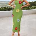 ZESICA Women's Summer Knit Bodycon Midi Dress 2026 Sleeveless Floral Crewneck Color Block Long Beach Party Dresses (L)