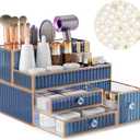 Makeup Organizer Blue - Tempered Glass Vanity Organizer for Cosmetics, Skincare, Hair Tools, Brushes, Perfume - Multipurpose Bathroom Counter Skincare Organizer